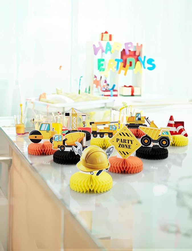 9Pcs Construction Party Decorations, Construction Honeycomb Centerpieces Vehicles Table Decorations Trucks Cars Centerpieces 3D Honeycomb Decoration for Truck Theme Birthday Party Supplies