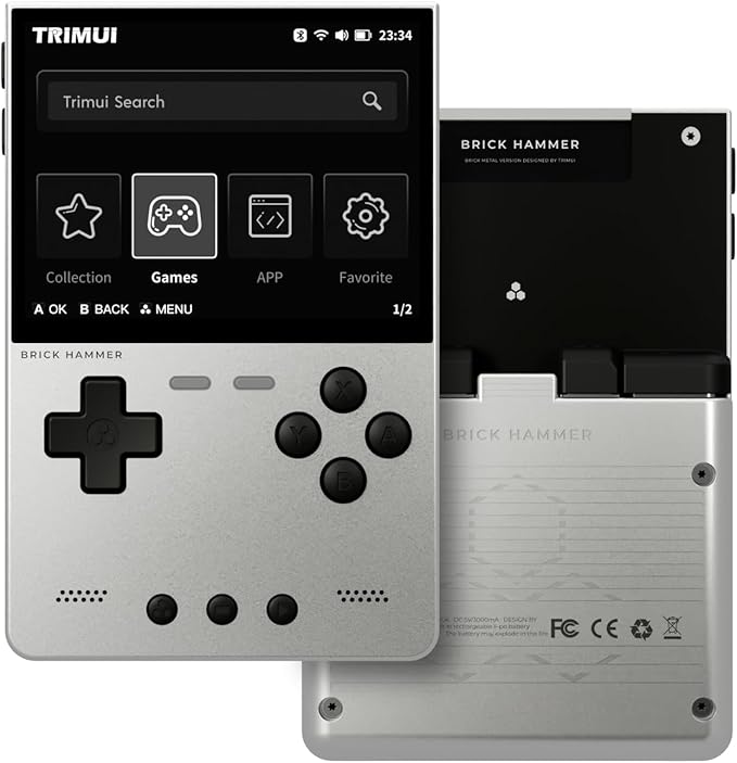 TRIMUI Brick Hammer Retro Handheld Game Console – Metal CNC Aluminum Alloy Body, 3.2" IPS Screen, 8GB Storage, Expandable to 1TB, Built-in 3000mAh Battery (Silver-No Card)