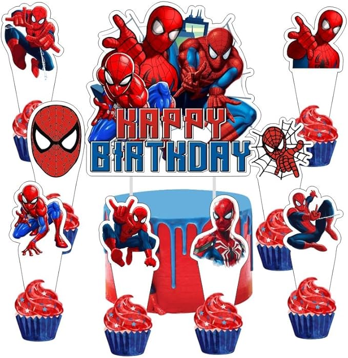 25pcs Spider Cake Decorations with 1pcs Cake Topper, 24pcs Cupcake Toppers for Spider Birthday Party Supplies