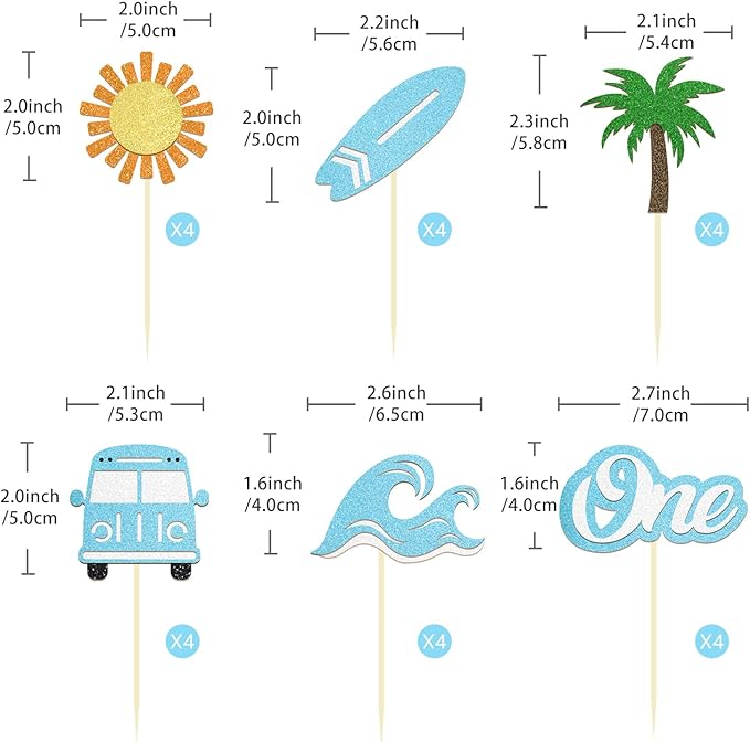 24 Pack The Big One Surfing Theme First Birthday Cupcake Toppers Summer 1st Birthday Party Decorations Picks for Summer Beach Party Supplies (1st Birthday)