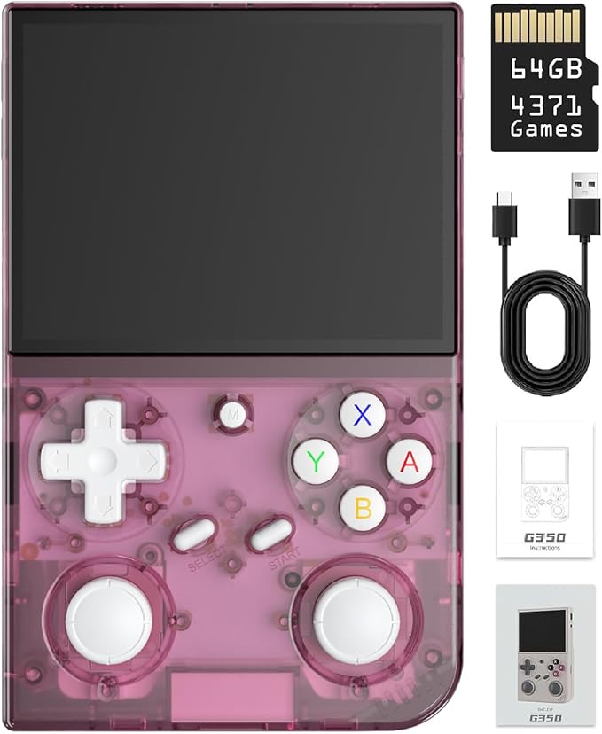 G350 Retro Handheld Game Console , Preload 4371 Games 3.5 Inch IPS Screen 3200 mAh Battery Linux System Portable Video Games Console Support Controller and Earphone (Transparent Pink)