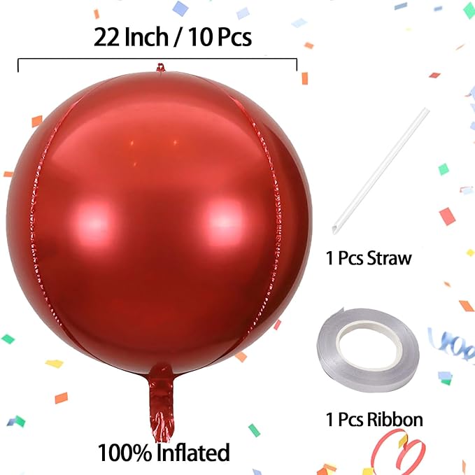 KALOR 10 Pcs 22 Inch Red Mylar Balloons, Large 4D Giant Round Foil Balloon Big Mirror Metallic Balloons for Birthday Party Baby Shower Gender Reveal Supplies