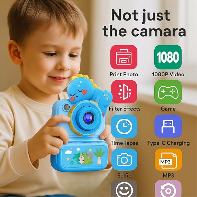 Kids Instant Print Camera, 2.4" HD Screen Instant Camera, Dual 3MP Kids Camera, 1080P Video, MP3 & Games, Includes Printing Paper & Lanyard, Gift for Boys & Girls (Blue-Color Printing)