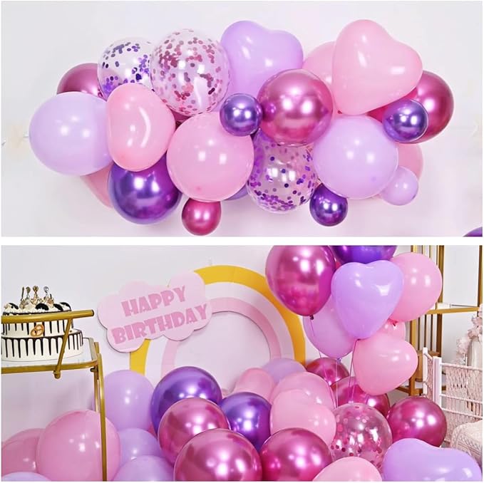 Metallic Hot Pink Magenta Purple Bonfetti Balloons - 12 Inch Pink Heart Balloons for Girls Princess Happy Birthday Party Decorations Baby Shower