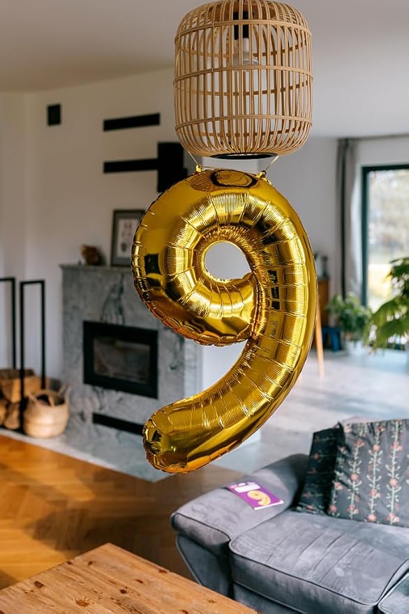 40 Inch Big Gold 9 Balloon Number, Jumbo Giant Happy 9th 19 29 39 49 99 Birthday Party Decorations, Large Nine Mylar Foil Anniversary Birthday Party Engagement Decorations