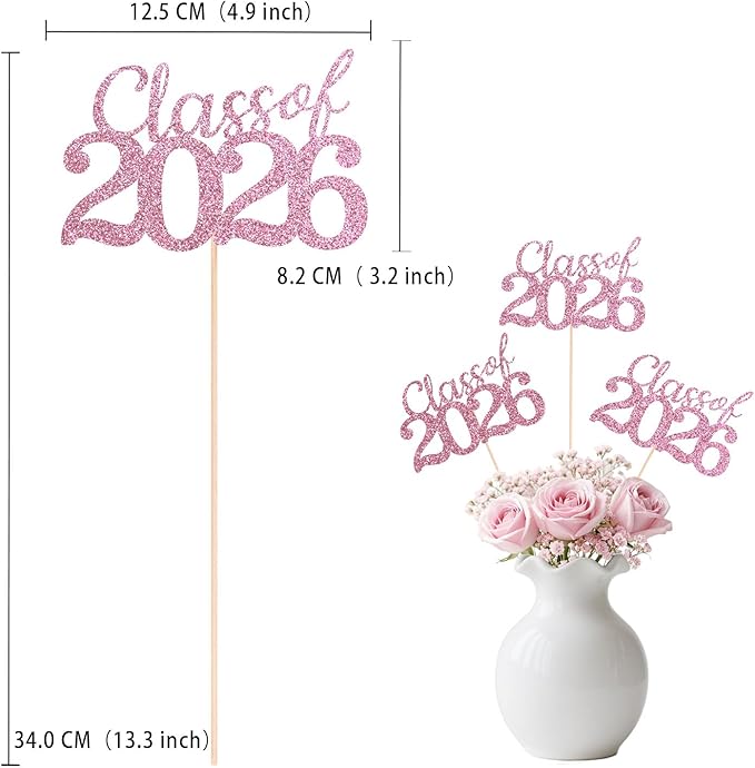 Pink Class of 2026 Double-sided Graduation Table Centerpieces, 12 Pcs Grad Party Decorations with Sticks, Graduation 2026 Party Supplies for Table Decor