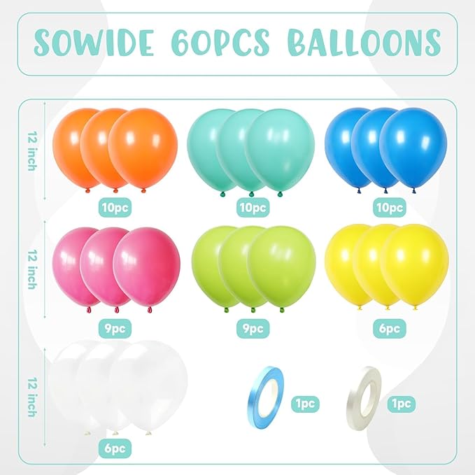 Pool Party Balloons, 60pcs 12 Inch Blue Green Orange Yellow Hot Pink Teal Clear Balloons for Sea Life Theme Birthday Pool Beach Theme Party Decorations
