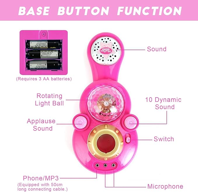 Kids Karaoke Machine with Adjustable Stand,Kids Microphone Music Sing Along with Flashing Stage Light and Pedals Gift for Kids (Pink)