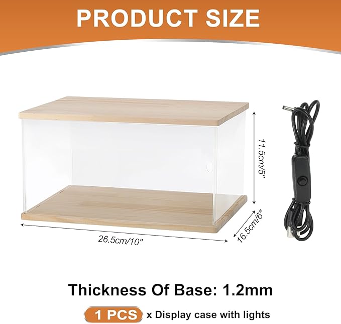MECCANIXITY Clear Display Case, Acrylic Figure Display Case Clear Display Boxes for Collectibles, Figures Model Toys Home Storage(with Square LED Light, 10x6x5 Inch Wood Base)