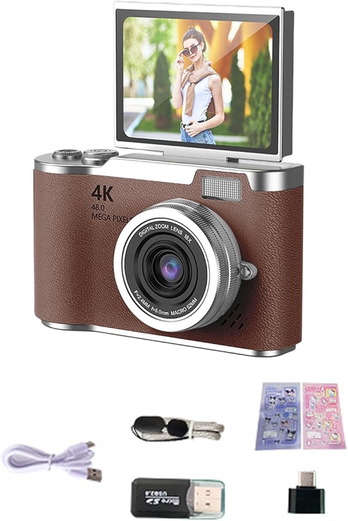 Denash Foldable Screen Kids and Beginners Camera,4K Digital Camera for Photography,48MP Digital Foldable Support 16X Zoom with Flip Scree (Brown)