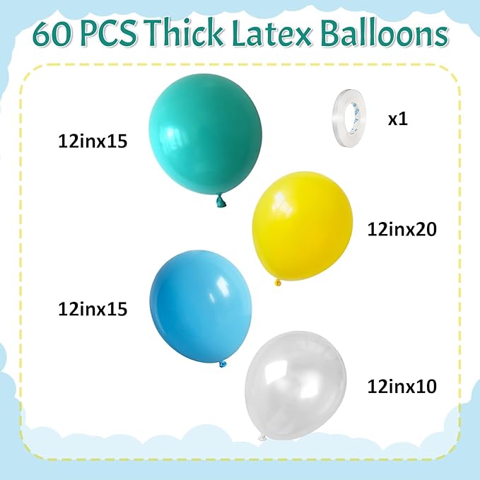 Yellow Blue Clear Balloons 12 Inch 60 Pcs Blue Cartoon Balloon Teal Blue and Yellow Party Latex Balloons Transparent for Kids Birthday Ocean Baby Shower Party Decorations