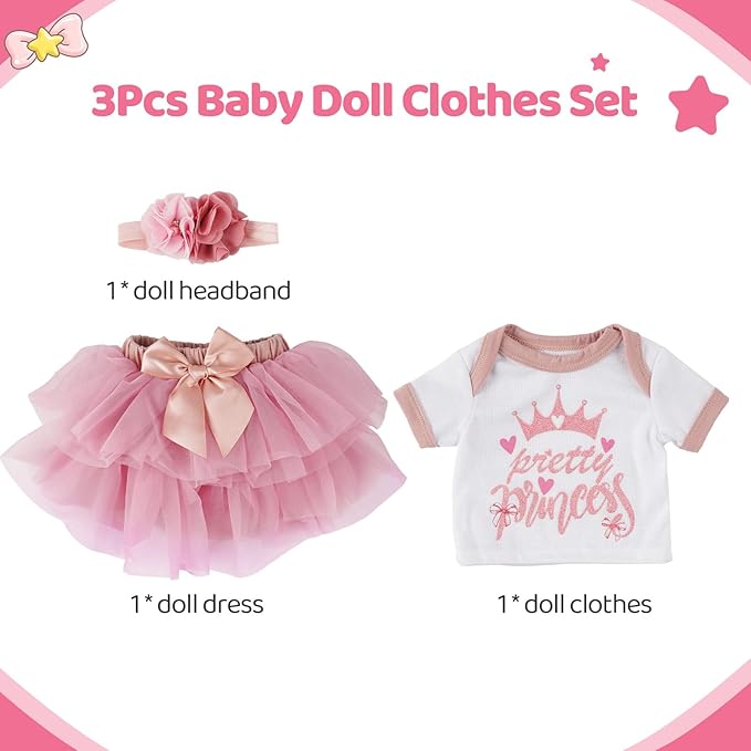 BABESIDE 3 Pcs Reborn Baby Doll Clothes Set for 17-22 Inch Babydolls, Cute Baby Doll Accessories Set with Skirt Headband for Realistic Babydolls Girl, Pink