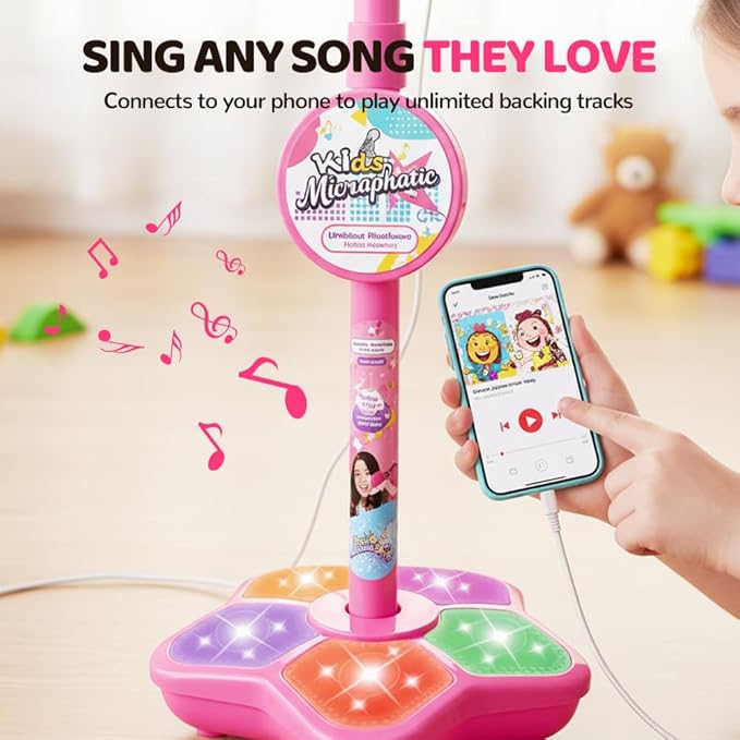 Karaoke Star Machine with Light, 2026 Upgrade Star Microphone with Stand, All in One Funny Karaoke Microphones with Adjustable Stand for All Ages, Birthday Gifts (not Included adeapter Cable) (Pink)