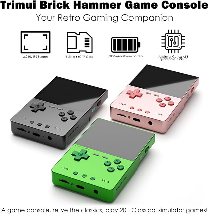 Trimui Brick Hammer Handheld Game Console with 3.2 inch IPS Screen and 3000mAh Battery, Retro Video Games Console with Pre-Installed 64GB TF Card and WiFi Function (Rose Gold)