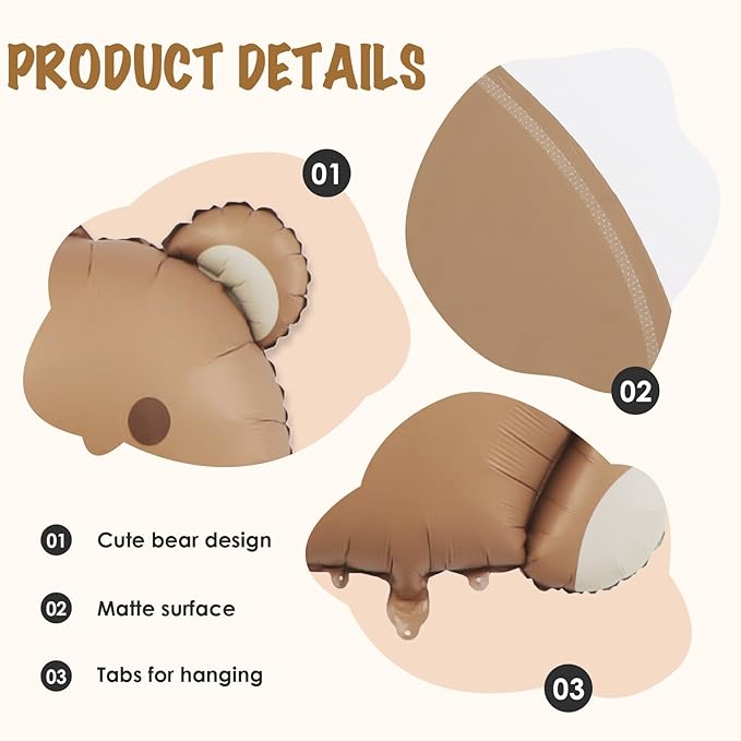 4 Pack Giant Teddy Bear Balloons,35 Inch Matte Brown Foil Mylar Balloons for Beary First Birthday Decorations,Teddy Bear Baby Shower Party Supplies,Woodland Theme Neutral Party Decor