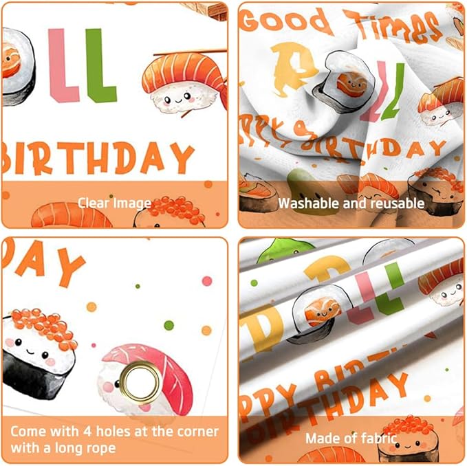 Lofaris Sushi Happy Birthday Banner for Kids – 70.8 x 43.3 Inch Kawaii Sushi Party Supplies, Japanese Themed Decorations for Kids’ Birthday Party, Asian Rice Roll & Sushi Go Party Décor