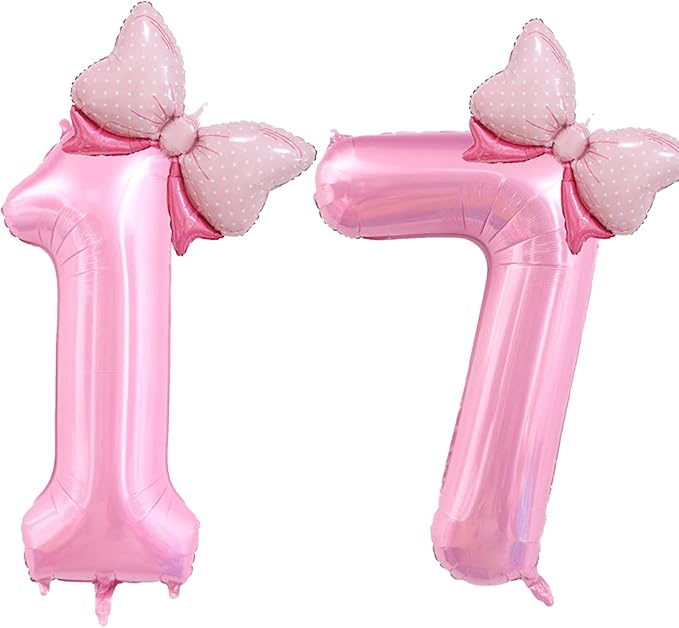 40 inch Number 17 Balloon with Bow Pink Happy Birthday Jumbo Number Balloons for Girls Daughter Birthday Decorations Party Supplies (Pink Number 17)