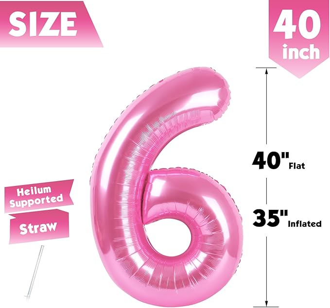 40 Inch Pink Number 6 Balloon, Giant 6 Number Balloons for 6th Birthday Decorations, Party Supplies for Baby Boy Girl, Pink Party Decor