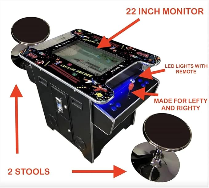 Full Size Commercial Grade Cocktail Arcade Machine 2 Player Retro 412 Games 22" LCD Screen Tempered Glass 2 Stools Included 5 Year Warranty Black