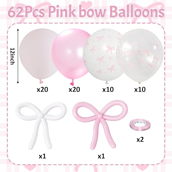 Pink Bow Balloons, 62Pcs Pastel Light Pink Clear White Bow Latex Balloons, 12Inch Transparent Bowknot Print Helium Balloon for Girls Women Princess Coquette Birthday Wedding Bridal Baby Shower Party
