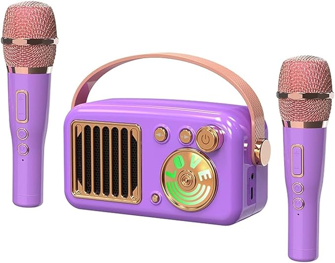 Cyboris Karaoke Machine for Kids Adults, 15W Mini Handheld Bluetooth Karaoke Speaker &2 Wireless Microphone& Lights,9H Playtime,AUX&TF-Card Input,Bluetooth 5.3, Birthday Gifts for Girls Boys(Purple)