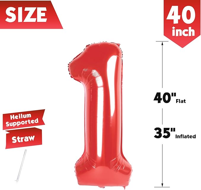 40 Inch Red Number 1 Balloon, Giant Number 1 Balloons for 11th 12th 21st Birthday Decorations, Party Supplies for Baby Boy Girl, Red Party Decor