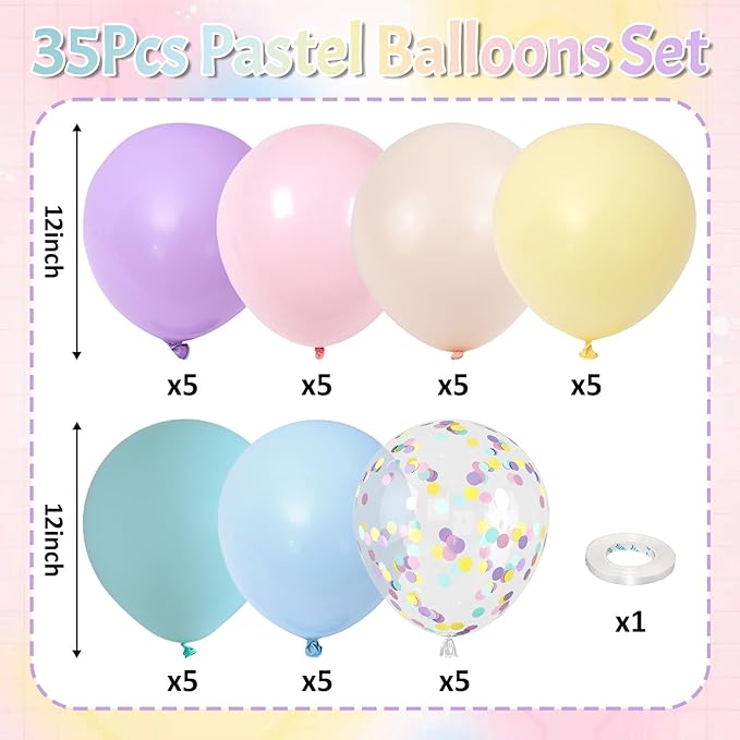 Pastel Balloons, 12 Inch Rainbow Macaron Pink Blue Teal Yellow Purple Apricot Assorted Balloon whit Colorful Confetti Clear Balloon for Easter Birthday Bridal Baby Shower Wedding Tea Party Decor