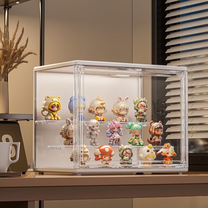 3 Tiers Clear Display Case with Lights, Acrylic Storage Organizers Box with Magnetic Door, Acrylic Dustproof Showcase for Collectibles Action Figure((1, White Medium)