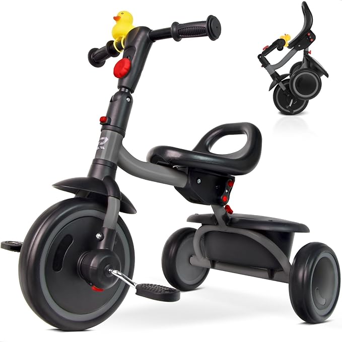 Toddler Tricycle for 18 Months to 5 Years, Foldable Tricycles for 3-5 Year Olds, Kids Tricycle with Adjustable Carry-Friendly Ergonomic Seat and Covered Large Basket, Grey