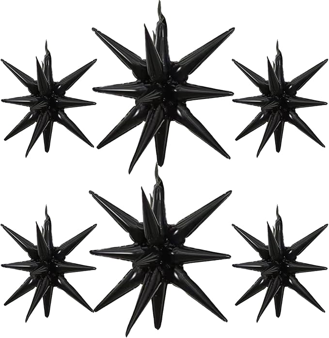 6 Pcs Black Star Foil Balloons One-Piece 14-Pointed Star Balloon 4D Starburst Cone Mylar Balloon 22inch Christmas Birthday Wedding Wedding Anniversary Party Supplies (22&27 Inches Black)