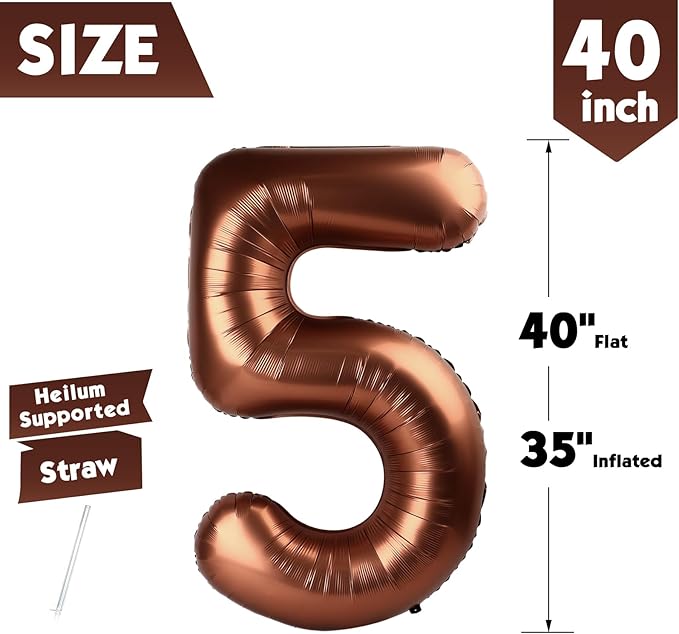 40 Inch Coffee Brown Number 5 Balloon, Giant 5 Number Balloons for 5th Birthday Decorations, Party Supplies for Baby Boy Girl, Coffee Brown Party Decor