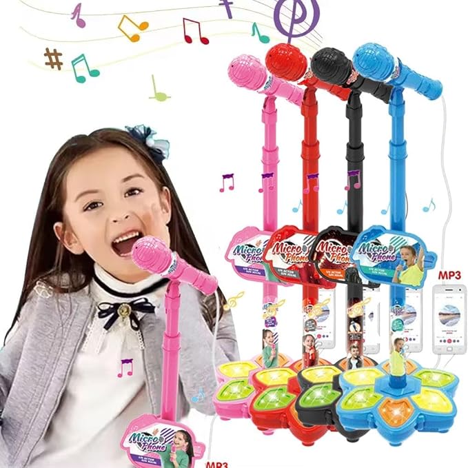 Adjustable Kids Karaoke Microphone with Stand, Extends up to 39.4” Height, Detachable Handheld Mic with LED Light Base & Type-C Adapter, Compatible with Android/iOS/PC for Singing & Parties