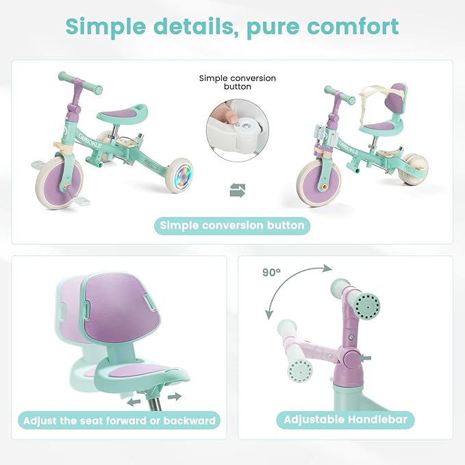 5-in-1 Tricycle for Toddlers 1-3, Convertible Toddler Bike with Push Handle & Removable Pedals, Balance Bike with Colorful Lighting Wheels, Adjustable Seat Height with Backrest(Green-Purple)
