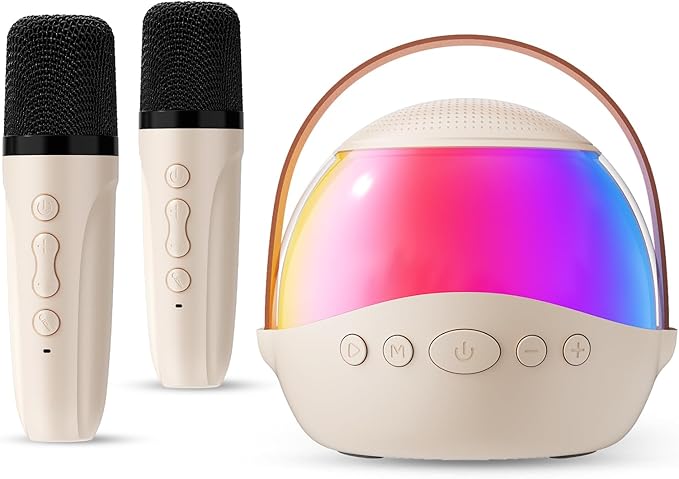 Mini Karaoke Machine Gifts for Kids Adults, Portable Karaoke Speaker with 2 Wireless Microphones, Kids Microphone with Speaker, Birthday Gifts for Girls Boys 3-12+ Year Old (Beige)
