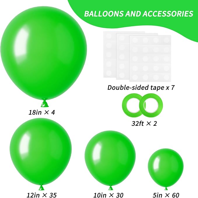 RUBFAC 129pcs Green Balloons Different Sizes 18 12 10 5 Inch Green Latex Christmas Balloon Garland Arch for Masquerade Party Decorations Birthday Baby Shower Wedding Party Supplies
