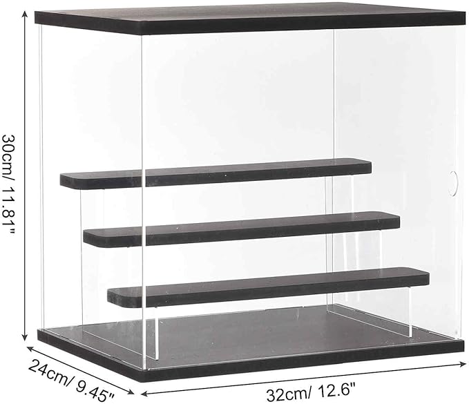 MECCANIXITY Clear Acrylic Display Case with LED Light 3 Tier Dustproof Showcase Assemble Cube Display Boxes Stand for Collectibles, Action Figures (12.6x9.45x11.81) Black
