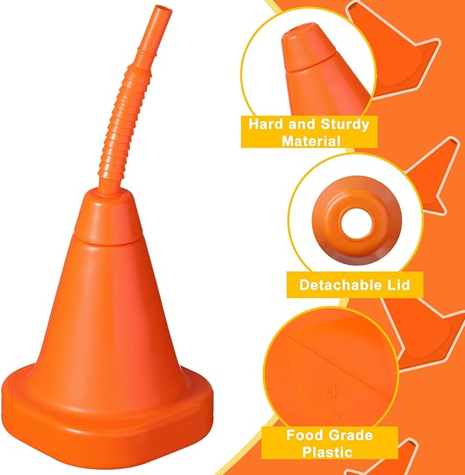 Gerrii 24 PCS Construction Cone Cups with Straws Bulk - 10 oz Reusable Traffic Cones Plastic Cups Set for Traffic Race Car Birthday Party Supplies (Orange)