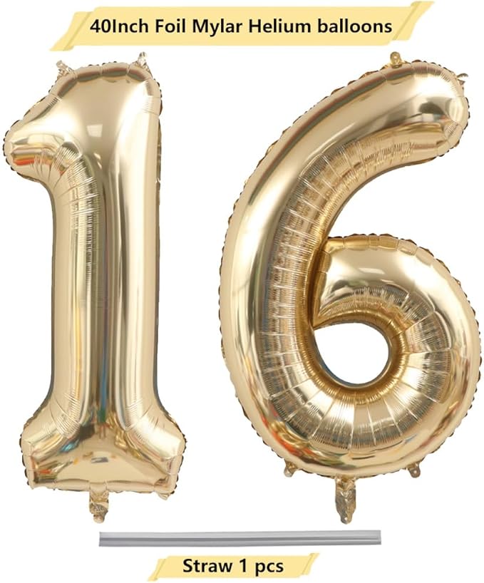 40 Inch Light Gold 16 Number Balloons White Gold Giant 16 Foil Mylar Helium Large Digital Balloon Champagne Gold Birthday Numbers Jumbo Balloons 16th or 61st Anniversary Party Decorations Supplies
