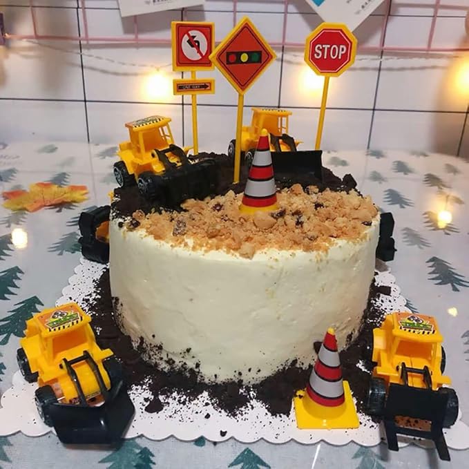 Construction Cake Topper Large Crane Excavator Traffic Road Sign Cake Toppers Construction Birthday Party Supplies Cake Decorating Supplies Kit Construction Toys Birthday Party Favors for Kids Boys