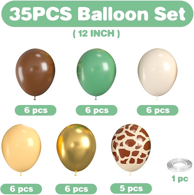 Jungle Balloons, Safari Balloons, Green Brown Balloons with Sage Green Brown Gold Ivory White Giraffe Printed Balloon for Boys Baby Shower Birthday Woodland Party Two Wild Decorations