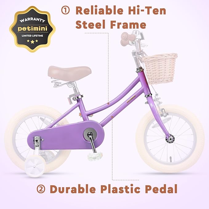 Petimini Vintage Kids Bike for Girls, 12–20 Inch Classic Bicycle with Wicker Basket & Bell, High Tensile Steel Frame, Training Wheels (12–18”), 85% Pre-Assembled, Retro Bike for Outdoor Riding