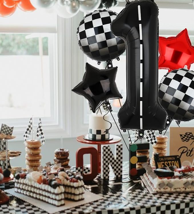 Race Car Birthday Balloons 40 Inch Racetrack Number Balloon 1 Black Baby Shower Boys 1st Birthday Race Car Theme Party Decor Supplies Mylar Balloon 5 Pcs