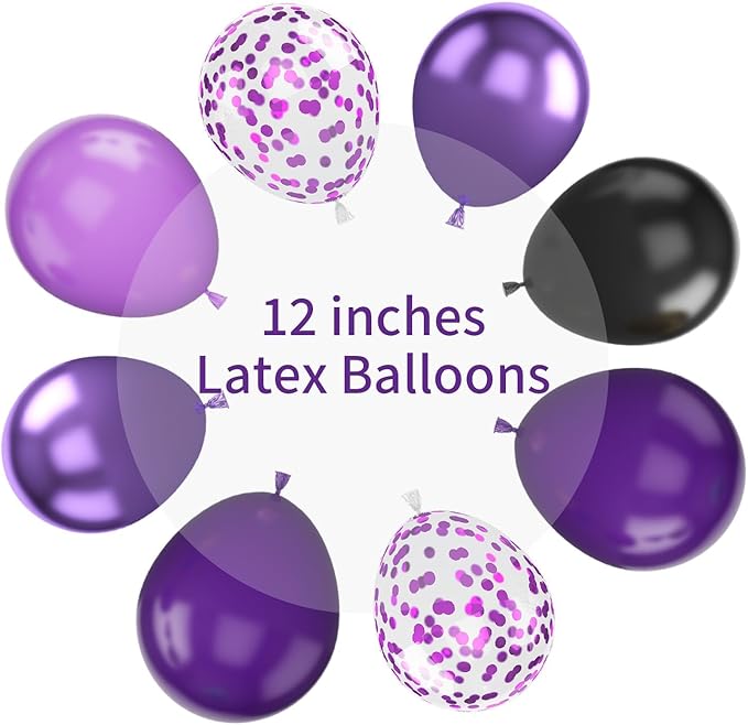 Purple and Black Balloons, 12 Inch Metallic Purple Dark Purple Black Balloons with Purple Confetti Latex Balloons for Halloween Birthday Wedding Graduations Balloons Party Decorations