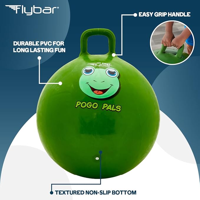 Flybar Hopper Ball for Kids, Inflatable Bouncy Ride-On Ball w/ Handle for Indoor & Outdoor Active Play, Includes Pump, Jump Ball Toy for Boys & Girls, Supports Up to 165 lbs, Ages 3+, 18-Inch, Small