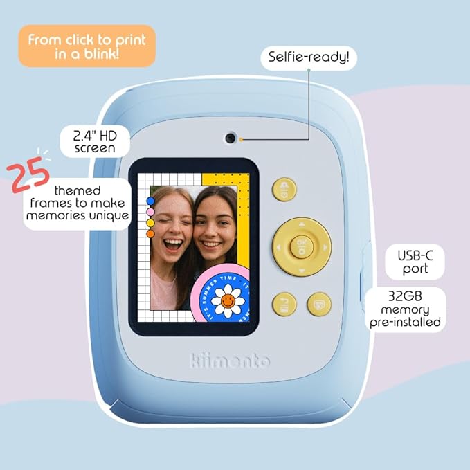 kiimento Instant Print Digital Camera, Ink-Free Thermal Printing with 4 Color-Themed Paper Options, 2.4” HD Screen, Selfie Lens, 48MP Photo, 1080p Video, 32GB Memory Card – Model P2 (Sky Blue)