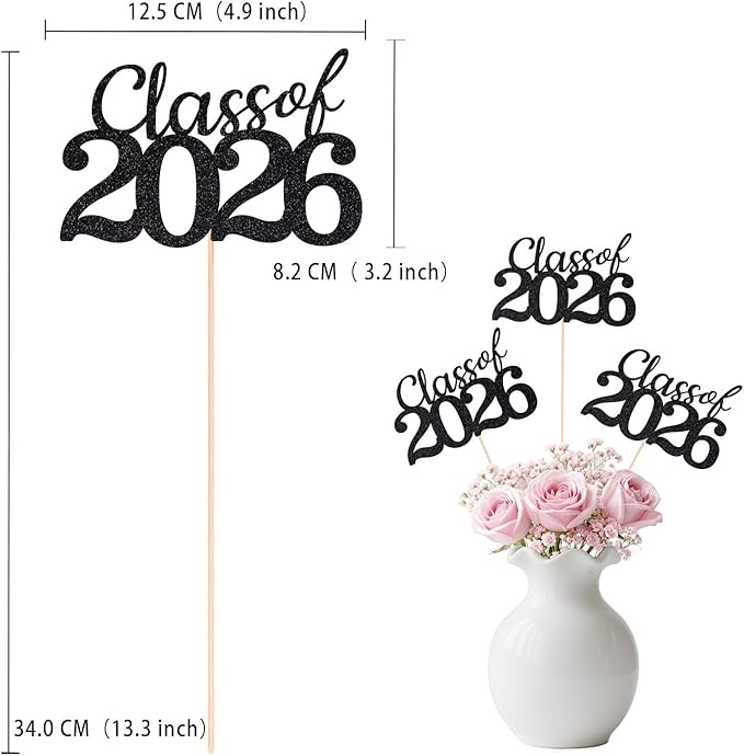Black Class of 2026 Double-sided Graduation Table Centerpieces, 12 Pcs Grad Party Decorations with Sticks, Graduation 2026 Party Supplies for Table Decor