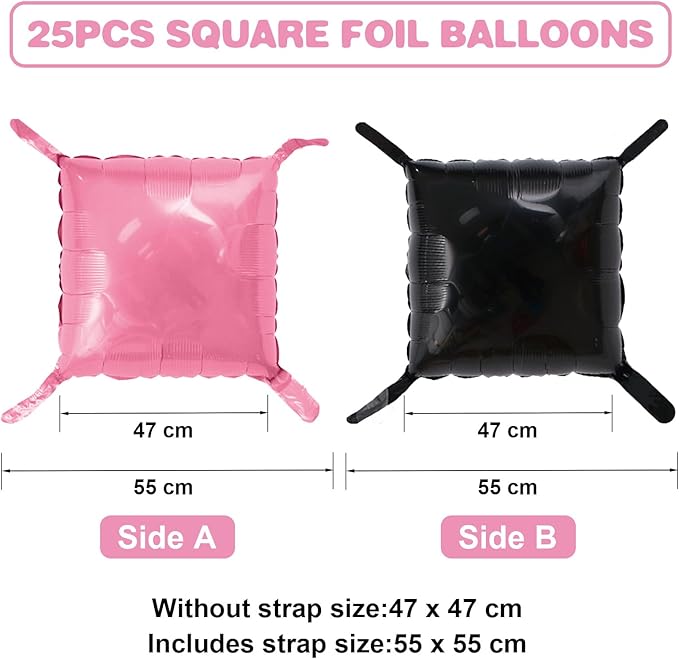 Pink Black Square Foil Balloon Wall,25Pcs Double Sided Foil Balloons Backdrop Helium Polyester Tunnel Arch Garland Kit for Birthday Bridal Anniversary Baby Shower Party Decorations