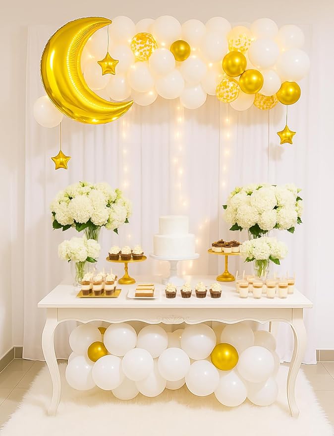 White and Gold Party Decorations, Gold White Balloons Moon Star Foil Balloons, LED String Lights Decoration for Boys Girls Baby Shower Twinkle Twinkle Little Star Gender Reveal Party Supplies