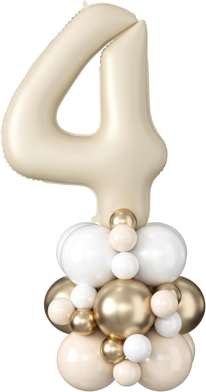40 Inch Cream Number 4 Balloon for 4th Birthday Decoration Beige White Sand Number Four Foil Balloon Tower Giant Large Nude Neutral Digit Helium Balloons Stack for Girls Boys Anniversary Party
