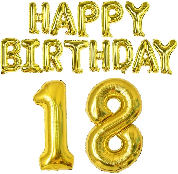 Happy Birthday Balloon Banner 40 inch 18 Balloon Number 16 Inch Happy Birthday Letters Balloons Gold Foil Mylar Balloons for 18th Birthday Decorations Party Supplies
